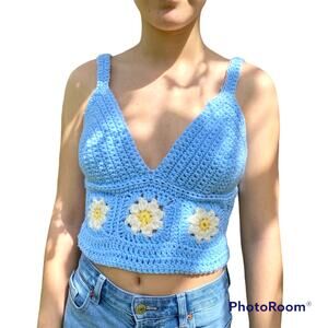 Crochet Granny Square Crop Top Womens Size Small Medium Blue Flower Tie Back